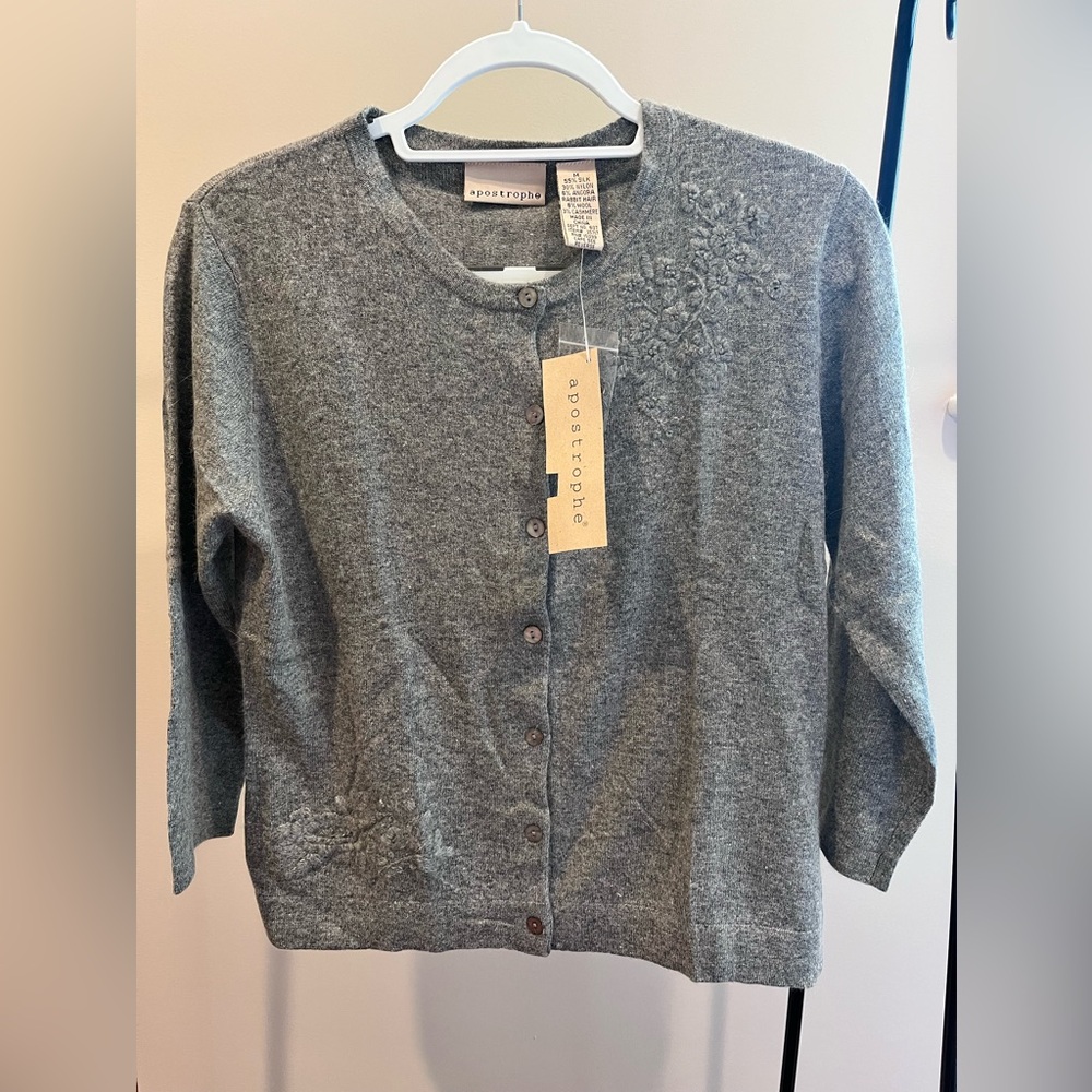 Apostrophe Heather Grey silk blend Cardigan w/ Embroidered Detail Womans size M